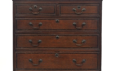 An 18th century oak chest, the moulded top above two short a...