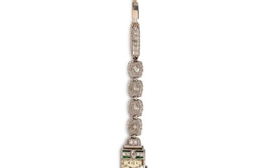 An Art Deco 18 Karat White Gold, Platinum, Diamond and Gemstone Wristwatch