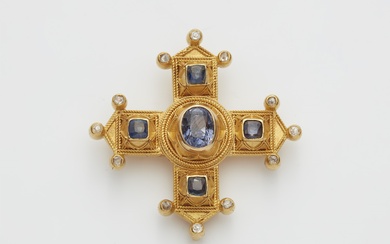 An Italian Byzantine Revival 18k gold and sapphire cross pendant brooch.