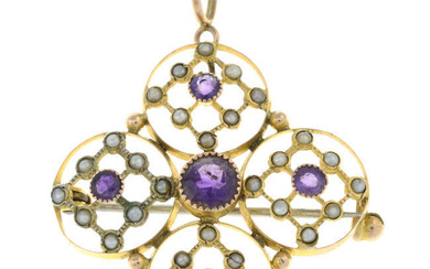 An early 20th century 9ct gold amethyst and split pearl openwork pendant.