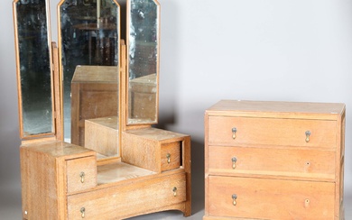 An early 20th century Heals style oak chest of three drawers, height 81cm, width 83cm, depth 45cm, t