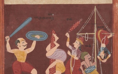 An illustration from an unusual Ragamala Series, India, Gujarat, circa 1800, opaque pigments on wasli paper, Raga Shri Nath, with two male and two female acrobats performing with a drummer, all on a maroon background, with black devanagari...
