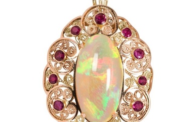 An opal, ruby and 14k rose gold pendant