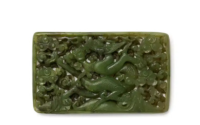 An unusual Chinese spinach jade Ming-style reticulated 'dragon' plaque Qing dynasty, 18th/19th...