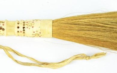 Antique Carved Bone Handle Brush w Straw Bristles
