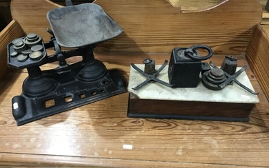 Antique Cast Iron Set of Scales, A Marble Topped Example & Some Weights (marble scales without trays/ other tray not original)