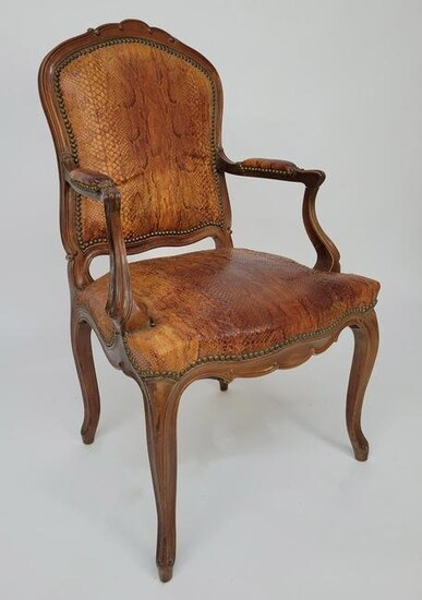 Antique French Exotic Anaconda Snakeskin Upholstered Louis XV Style Carved Walnut Armchair, circa
