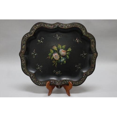 Antique papier Mache tray, painted with a central spray of f...