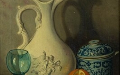 Arnoldus Gelderman (1808-1867), still life with ceramic jug, an orange,...