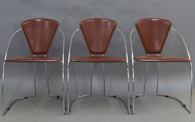 Arrben, Italy, a set of six chromed dining chairs, c.1980, with shaped brown leather seats on tubular chromed rod supports(6)