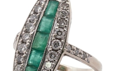 Art Deco 18k Gold, Diamond and Emerald Ring