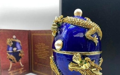 Asian Faberge Inspired Blue & Gilt Inspired Enameled Dual Dragon Musical Bejeweled Egg