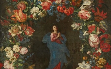 Attribué à Mario NUZZI (1603-1673) L'Immaculée conception dans une guirlande de fleurs Toile. Haut. :...
