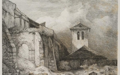 Auguste Enfantin (1793-1827), Italian church ruin with bell tower, 19th c., Etching