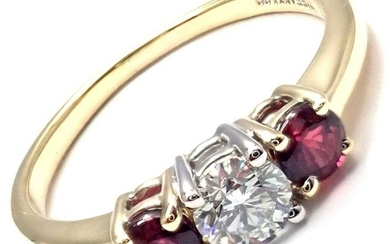 Authentic! Tiffany & Co 18k Gold Platinum Three Stone Diamond Ruby Band Ring