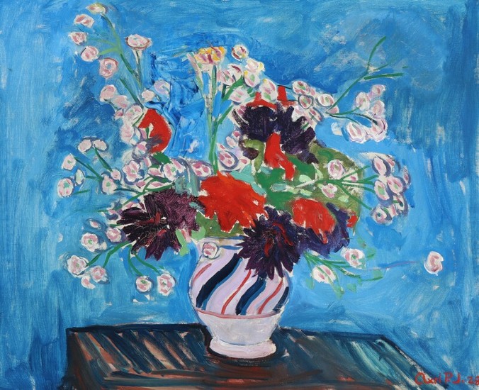 Axel P. Jensen: Still life with flowers in a vase on a table. Signed Axel P. J. 28. Oil on canvas. 65.5×80 cm.