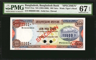 BANGLADESH. Bangladesh Bank. 100 Taka, ND (1983-2000). P-31as. Specimen. PMG Superb Gem Uncirculated 67.