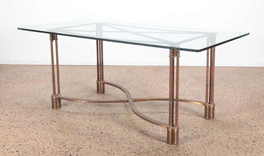 BRONZE AND IRON GLASS TOP TABLE STRETCHER BASE