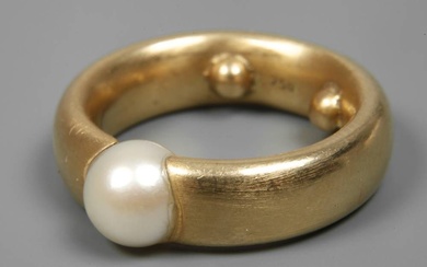 Bague ruban massive avec perle moderne, or jaune estampillé 750, anneau massif de 7 mm...