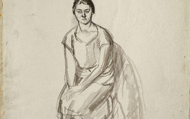 Barnett Freedman, British 1901-1958- Seated Woman; ink and pencil on paper, estate stamp lower right, 47.5 x 39 cm: together with another ink and pencil on paper by the same artist, depicting 'Female Life Drawing Studies', estate stamp lower right...