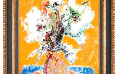 Bernard LORJOU (1908-1986) Bouquet de fleurs sur fond orange Huile sur panneau signée en bas...