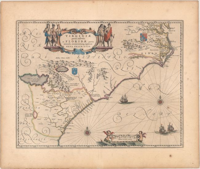 Blaeu's Decorative Map of the Southeast, "Virginiae Partis Australis, et Floridae Partis Orientalis, Interjacentiumq Regionum Nova Descriptio", Blaeu, Willem