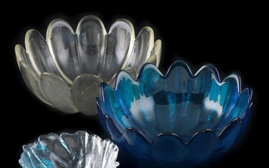 Blenko Hand Blown Cobalt Blue and Clear "Lotus Petal" Bowls, 1960-1970