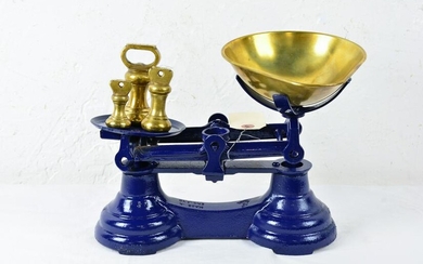 British Blue Balance Scale With Brass Bell Weights