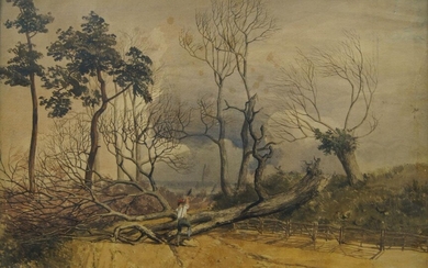 British School, mid 19th century- Woodcutter with a fallen tree in a landscape; watercolour, 39.5x62cm