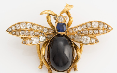 Brooch, beetle, gold with cabochon-cut garnet (carbuncle), sapphire, and old-cut diamonds, late 19th century