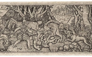 Bruyn, Abraham de (1540-1587) (?). (Boar hunt). Engraving, 4,5x17,7 cm....