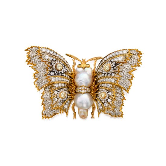 Buccellati | Gold, Cultured Baroque Pearl, Colored Diamond and Diamond Clip 布契拉提 黃金鑲養殖珍珠、彩色鑽石及鑽石別針