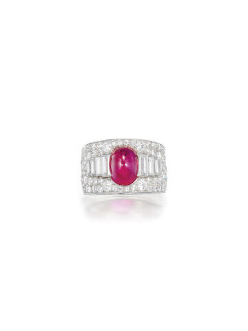CARTIER: A CABOCHON RUBY AND DIAMOND RING