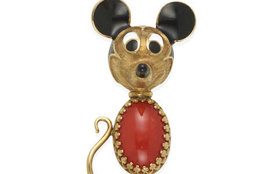 CARTIER: AN 18K GOLD, CORAL AND ENAMEL 'MICKEY MOUSE' BROOCH, CIRCA 1915, ITALY