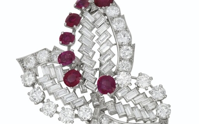 CARTIER RUBY AND DIAMOND LEAF BROOCH