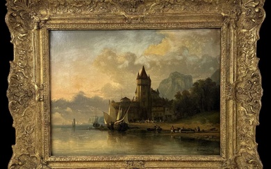 CHARLES EUPHRASIE KUWASSEG (1833-1904); oil on canvas, Dutch lake scene,...