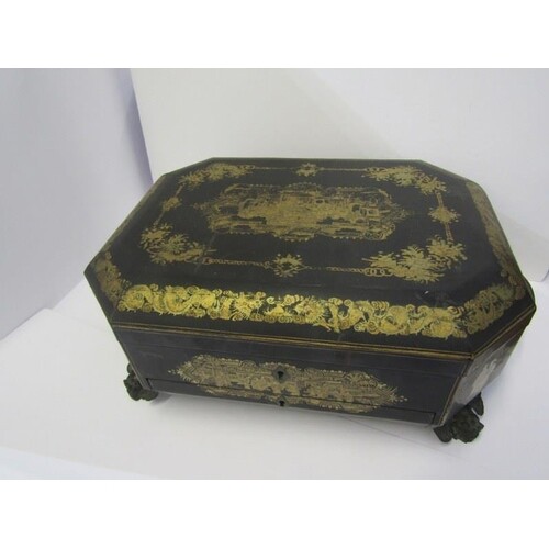 CHINESE LACQUERED WORKBOX, early 19th Century octagonal gilt...