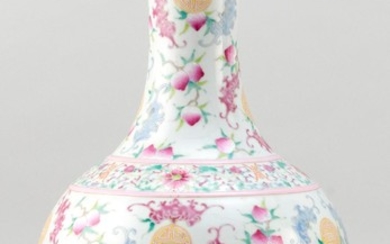 CHINESE POLYCHROME PORCELAIN VASE In mallet form, with bat and shou design. Six-character Jiaqing mark on base. Height 17.5".