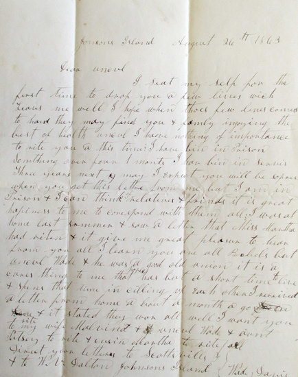 (CIVIL WAR--CONFEDERATE.) Davis, Wade. Letter from an imprisoned Confederate soldier with pacifist inclinations....