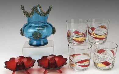 COLORFUL ART GLASS, MCM, CRANBERRY CANDLESTICKS