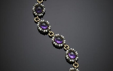 Cabochon amethyst, flat diamonds and pearl silver and