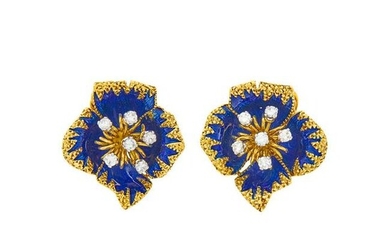 Cartier Pair of Gold, Blue Enamel and Diamond Flower