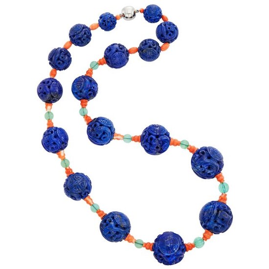 Carved Lapis, Coral and Fluorite Bead Necklace