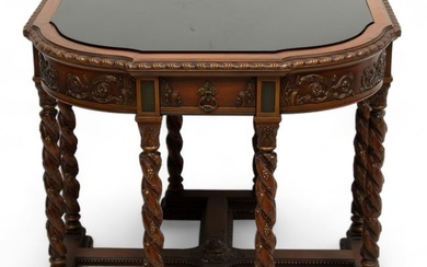 Carved Mahogany Foyer Table, Inset Black Glass Top, Ca. 1920, H 30" W 36" L 36"