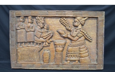 Carved hardwood possibly African panel of figures with carve...
