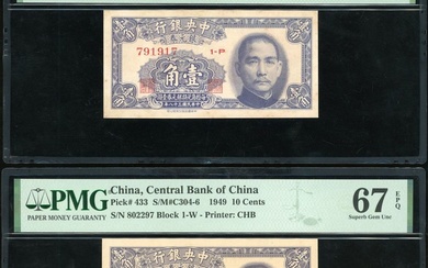 Central Bank of China, a pair of 10 cents, 1949, serial numbers 791917 and 802297 1-W, (Pick 43...