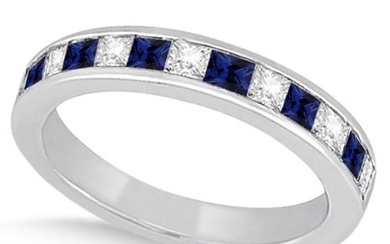 Channel Blue Sapphire and Diamond Wedding Ring 18k White Gold 2.50ctw