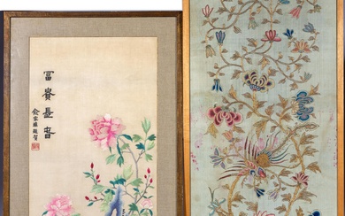 China, two embroidered panels on silk, 20th century