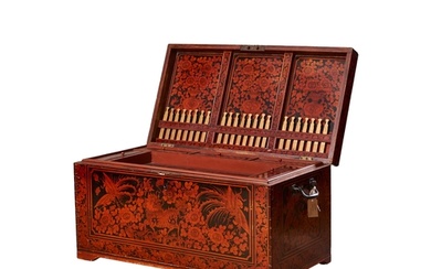 Chinese 19th Century A large lacquered gaming trunk Includin...