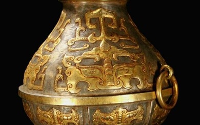 Chinese Gilt Gold Bronze Double Rings Pot